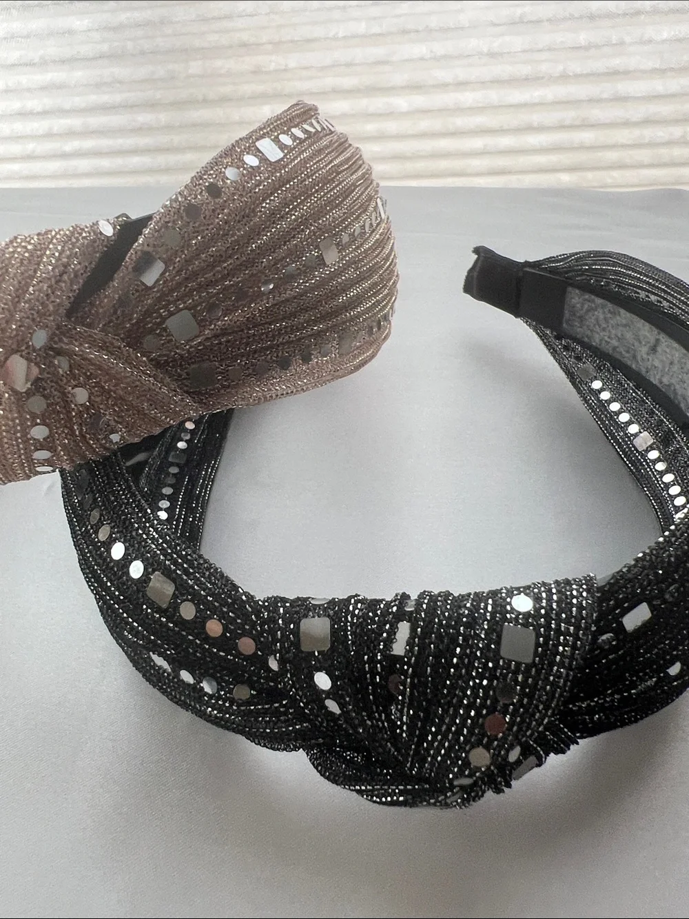 Shimmering Sequin and Bead Accent  Knotted Headband - Black and Tan set of 2